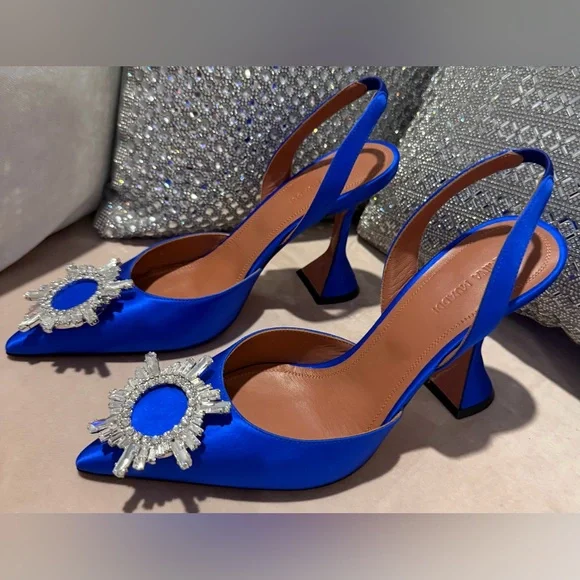 Amina Muaddi Begum Blue Heels with Crystal Embellishments - Picture 4 of 7